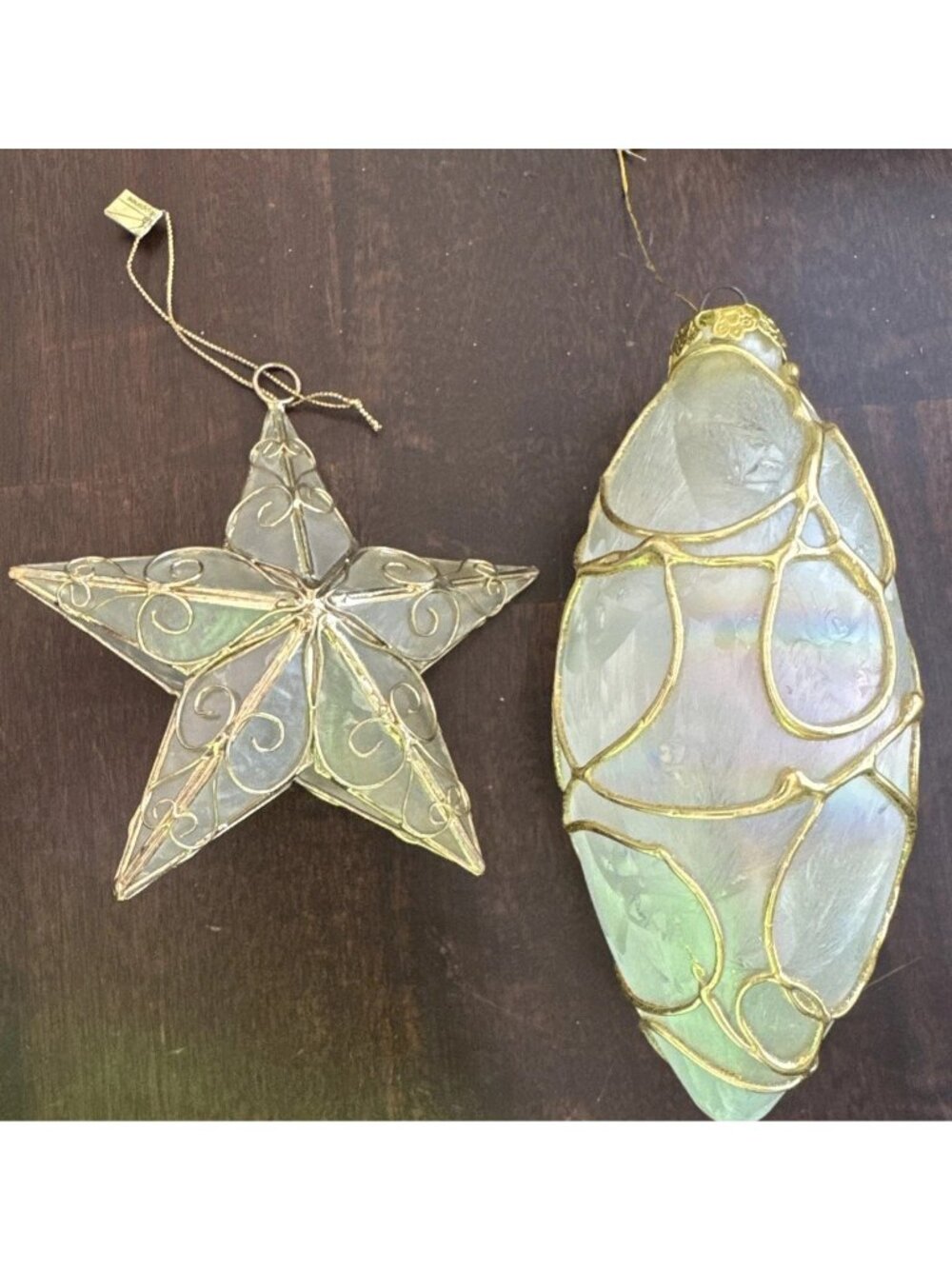 Vintage Star/Oval Capiz Shell Ornaments Christmas 3D Gold Tone Filigree Philipin